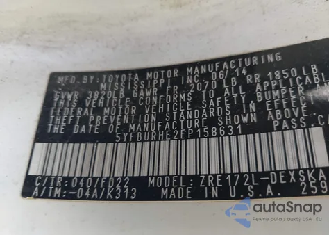 2014 Toyota Corolla S Plus from USA, damaged, VIN 5YFBURHE2EP158631